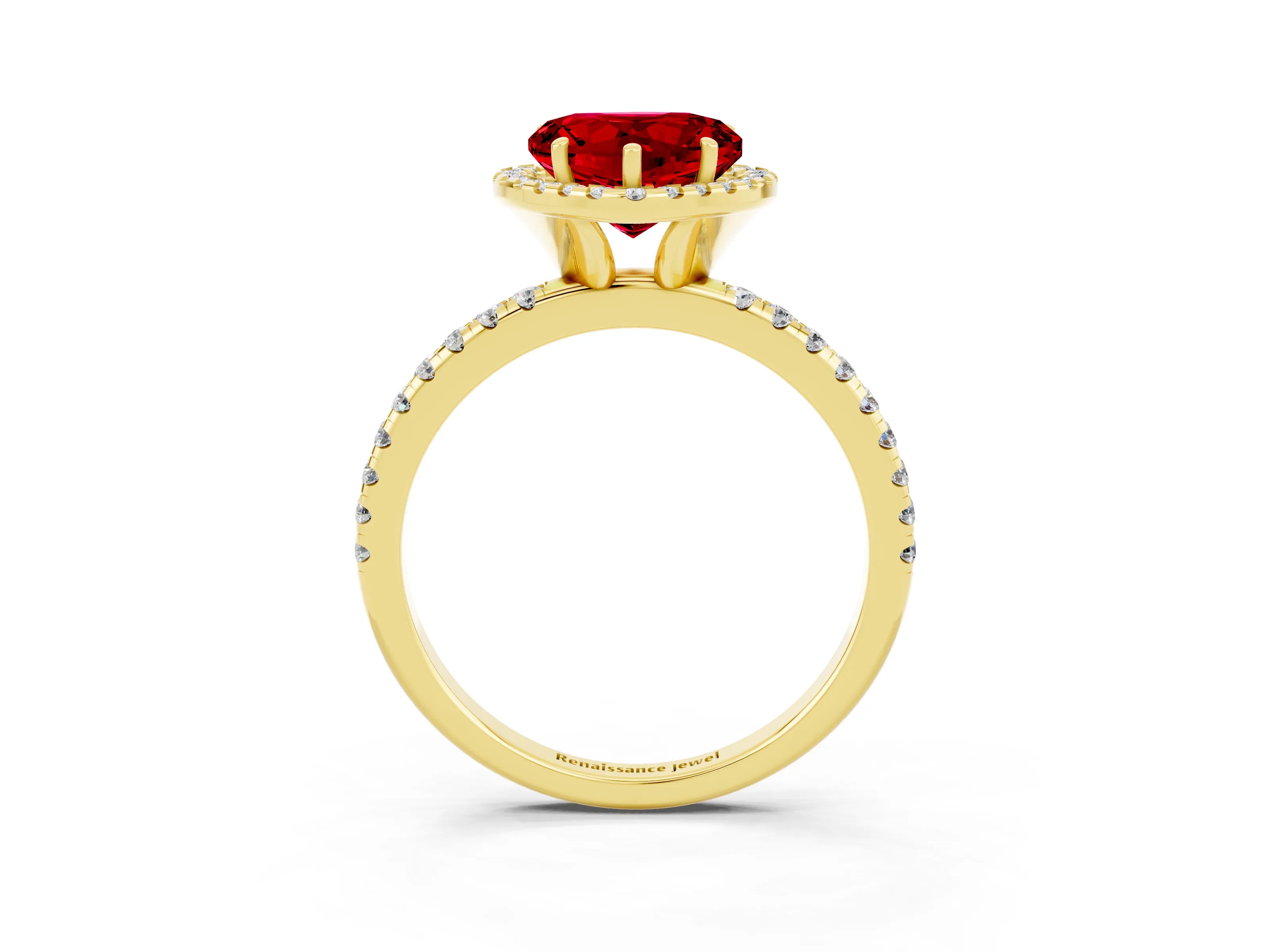 Yellow gold Heart Cut Halo Round Diamond Pavé Band Four-Prong Ring_3