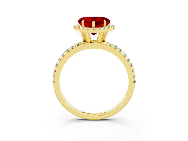 Yellow gold Heart Cut Halo Round Diamond Pavé Band Four-Prong Ring