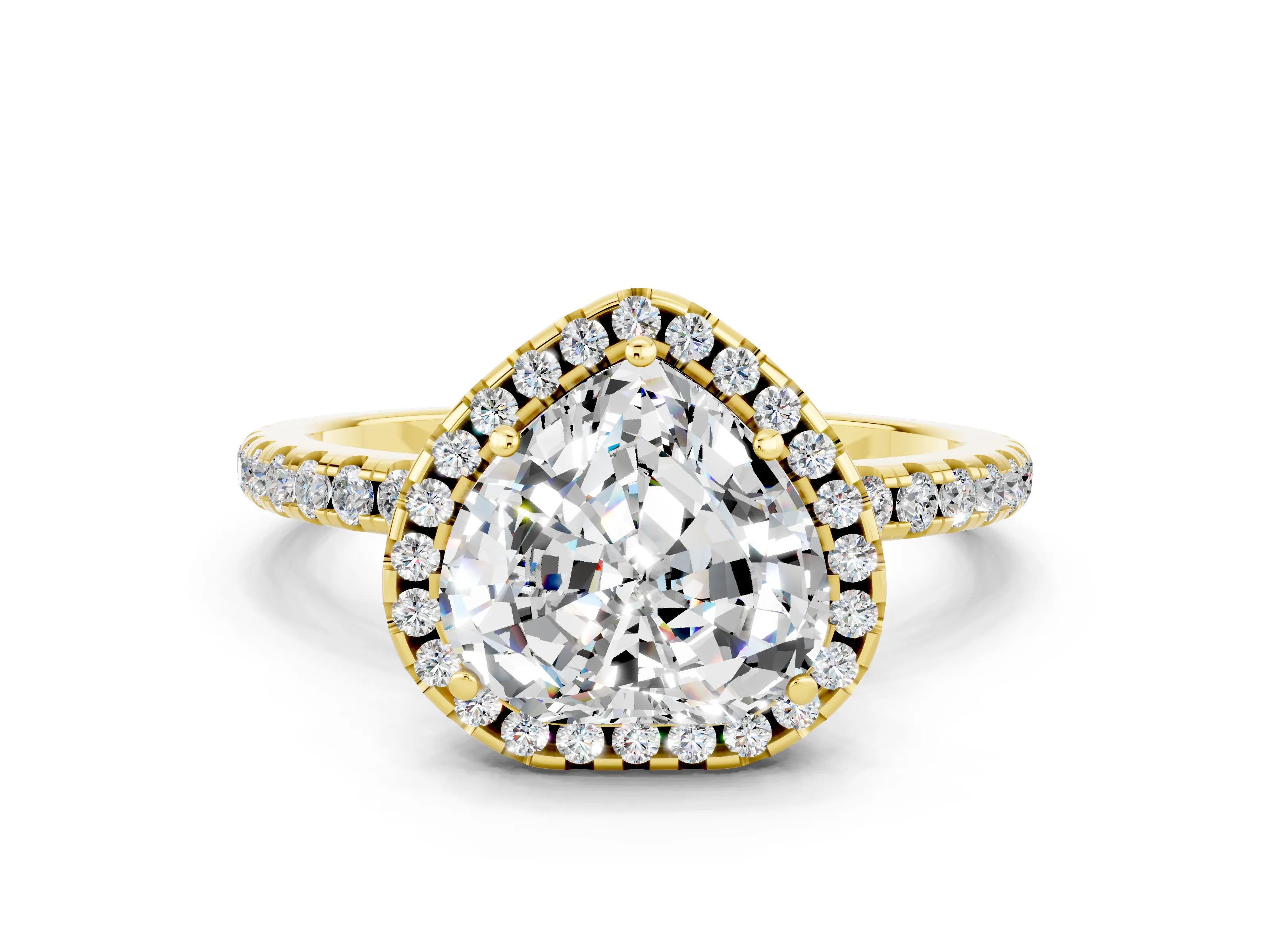 Yellow gold Heart Cut Halo Round Diamond Pavé Band Four-Prong Ring