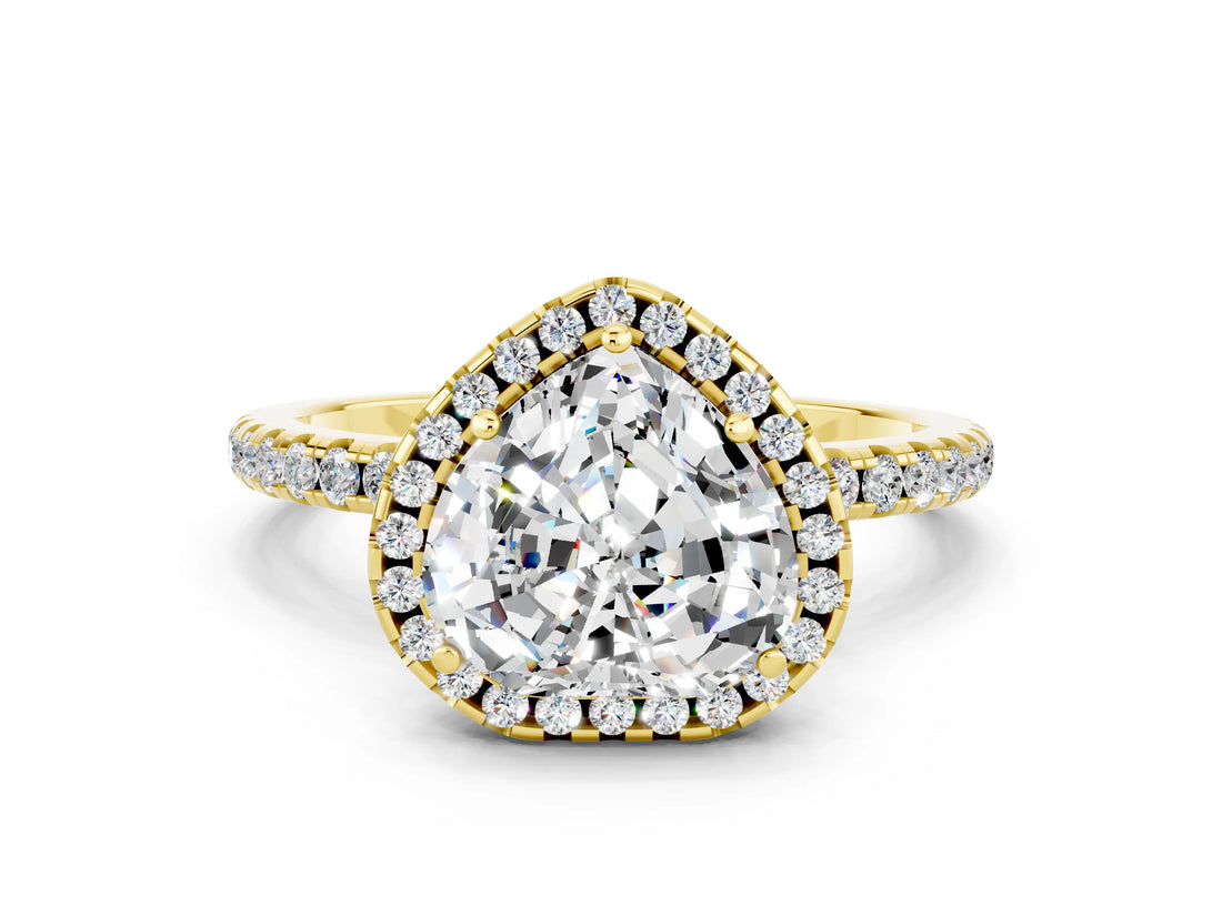 Yellow gold Heart Cut Halo Round Diamond Pavé Band Four-Prong Ring