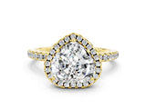 Yellow gold Heart Cut Halo Round Diamond Pavé Band Four-Prong Ring