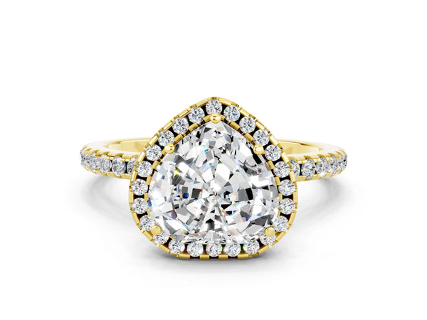 Yellow gold Heart Cut Moissanite Halo Ring with Round Pavé Band and Prong Setting