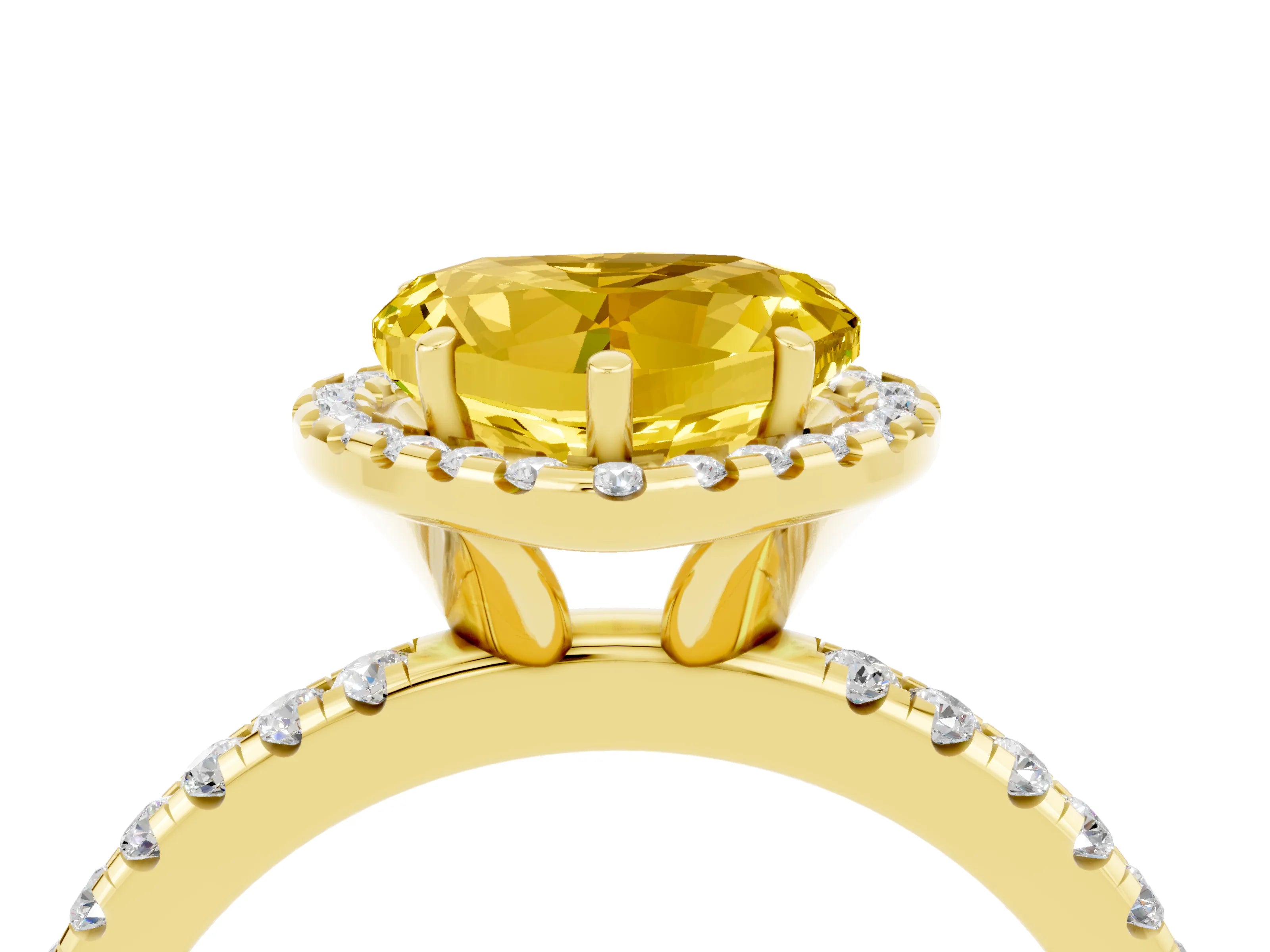 Yellow gold Heart Cut Halo Round Diamond Pavé Band Four-Prong Ring_4