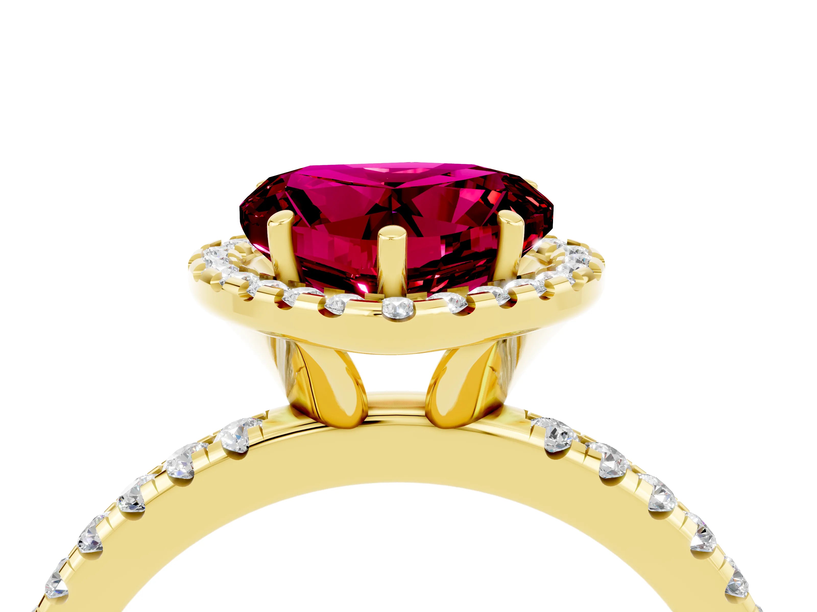 Yellow gold Heart Cut Halo Round Diamond Pavé Band Four-Prong Ring_4