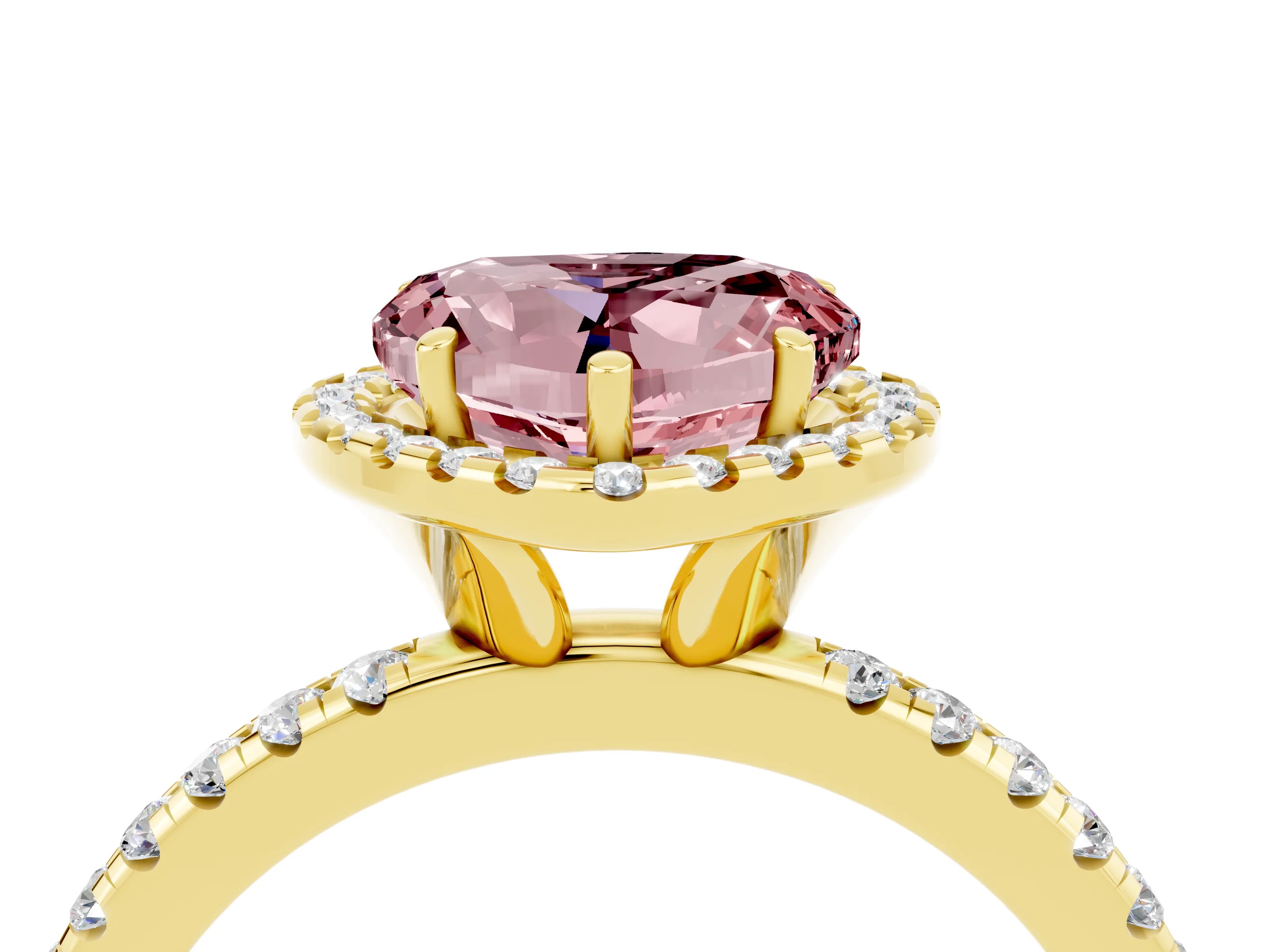Yellow gold Heart Cut Halo Round Diamond Pavé Band Four-Prong Ring_4