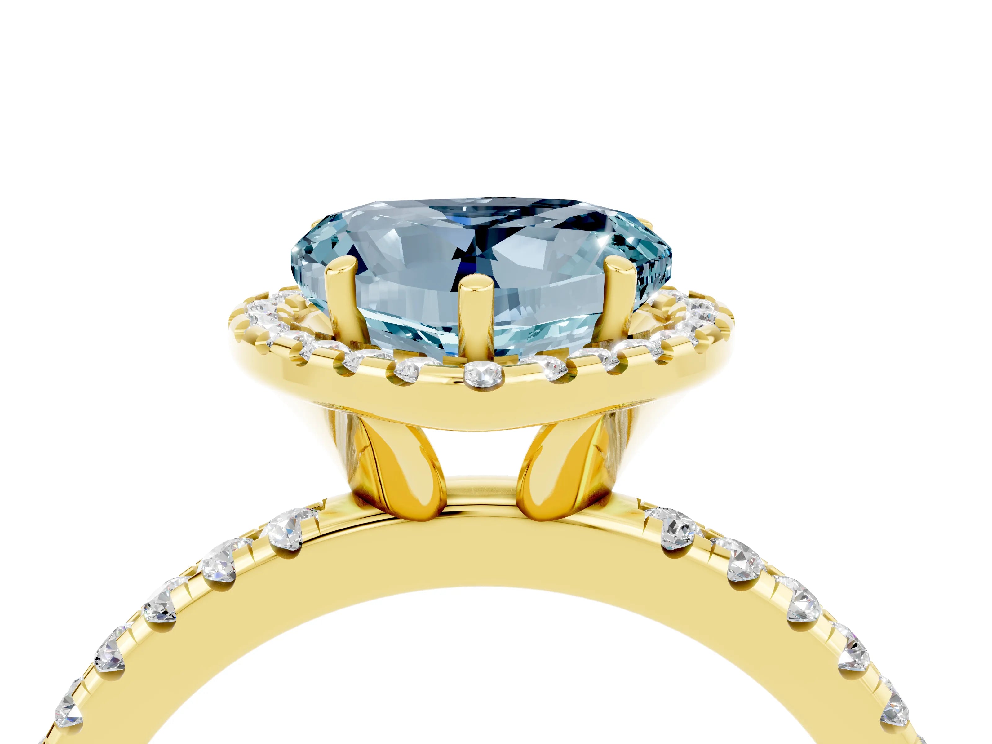 Yellow gold Heart Cut Halo Round Diamond Pavé Band Four-Prong Ring_4