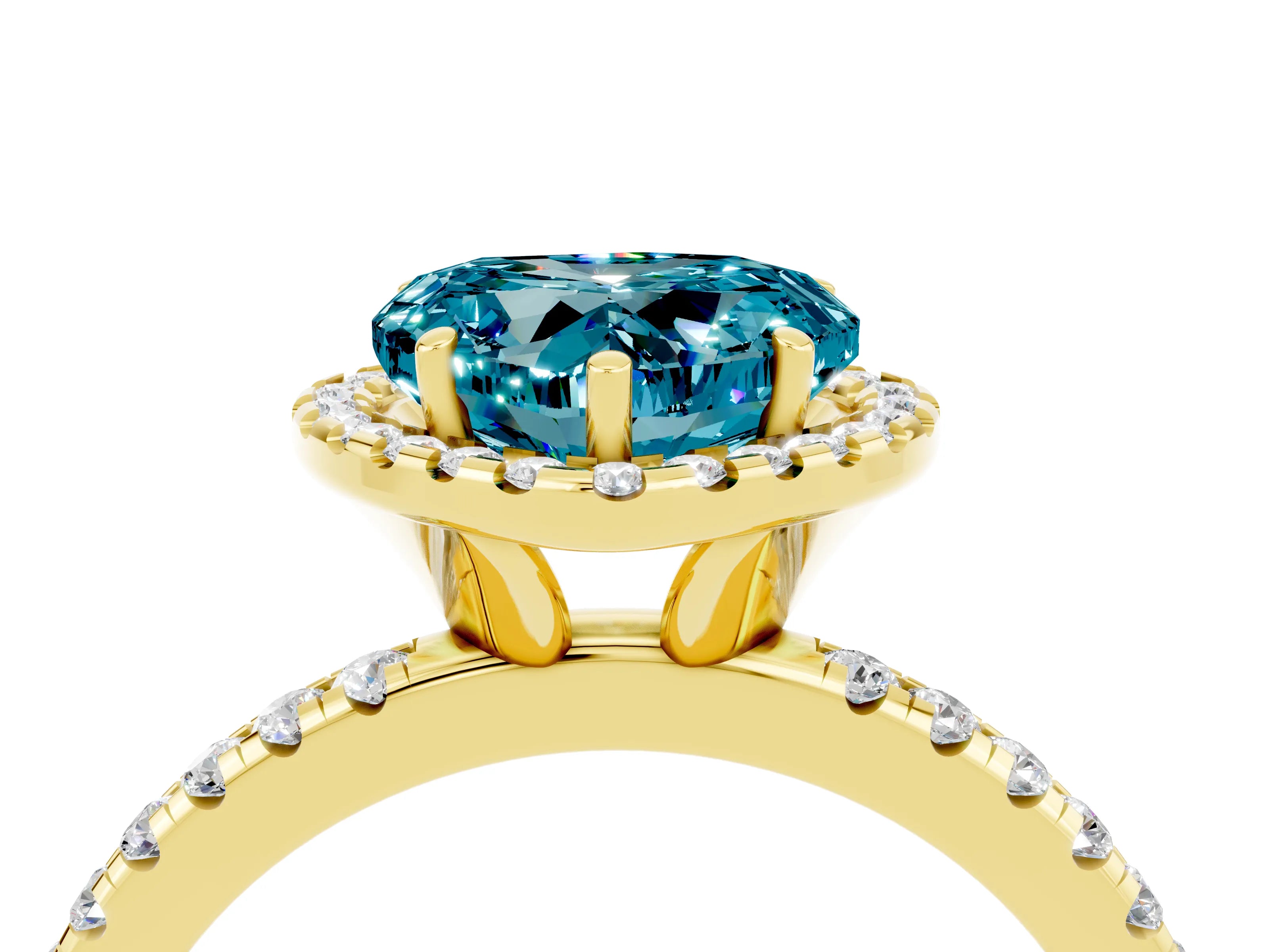 Yellow gold Heart Cut Halo Round Diamond Pavé Band Four-Prong Ring_4