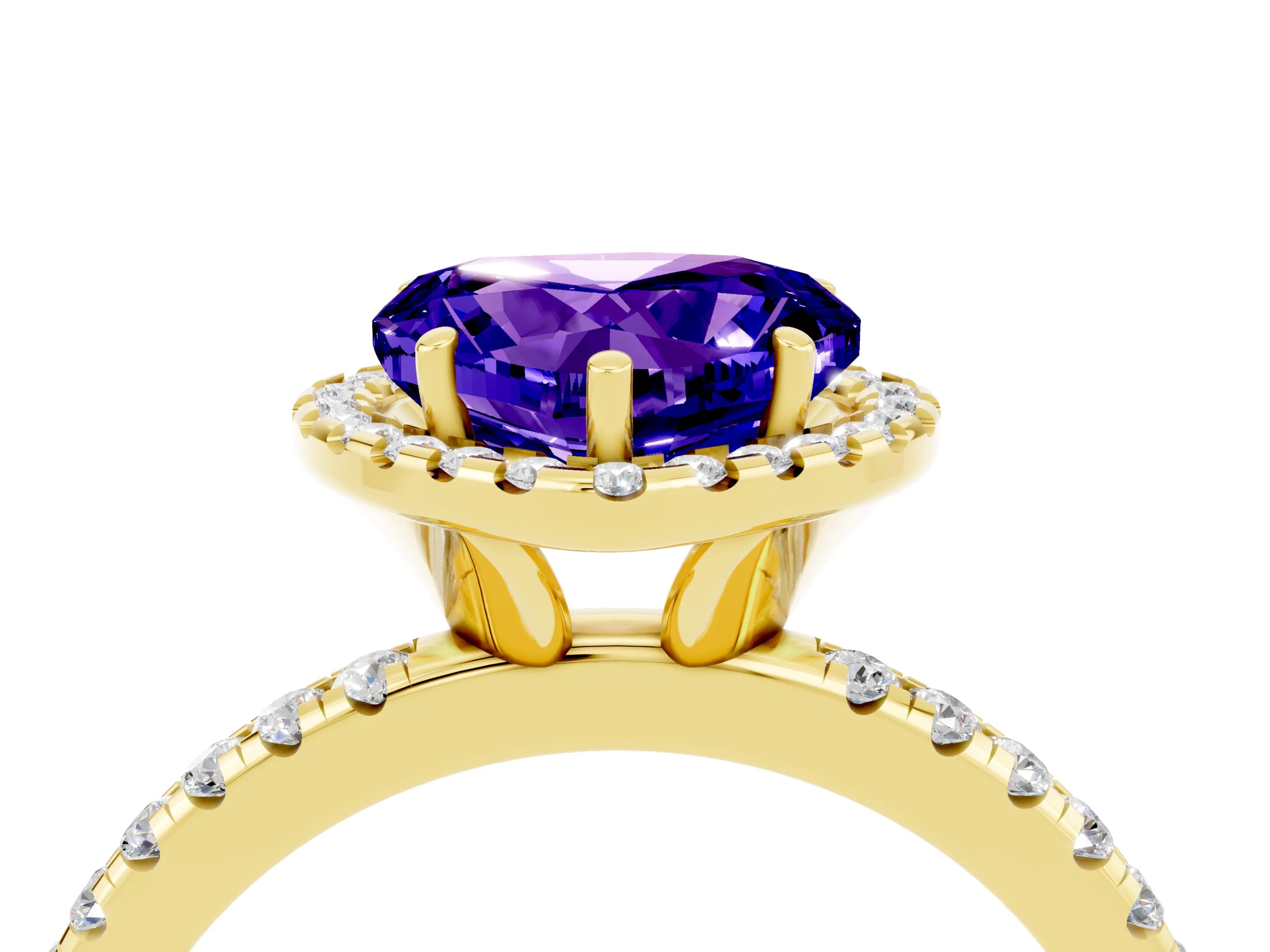Yellow gold Heart Cut Halo Round Diamond Pavé Band Four-Prong Ring_4