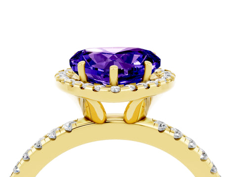 Yellow gold Heart Cut Halo Round Diamond Pavé Band Four-Prong Ring_4