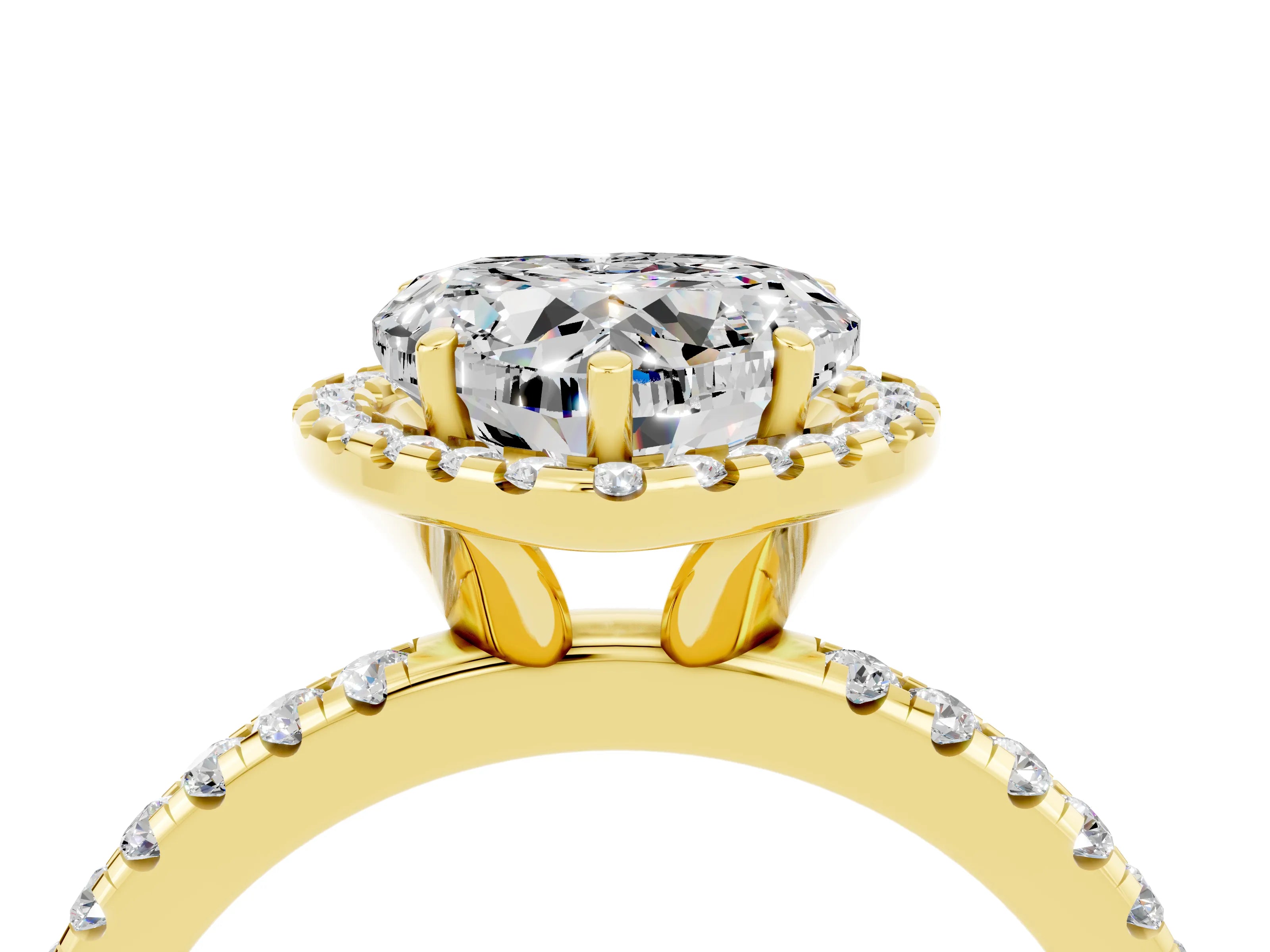 Yellow gold Heart Cut Halo Round Diamond Pavé Band Four-Prong Ring_4