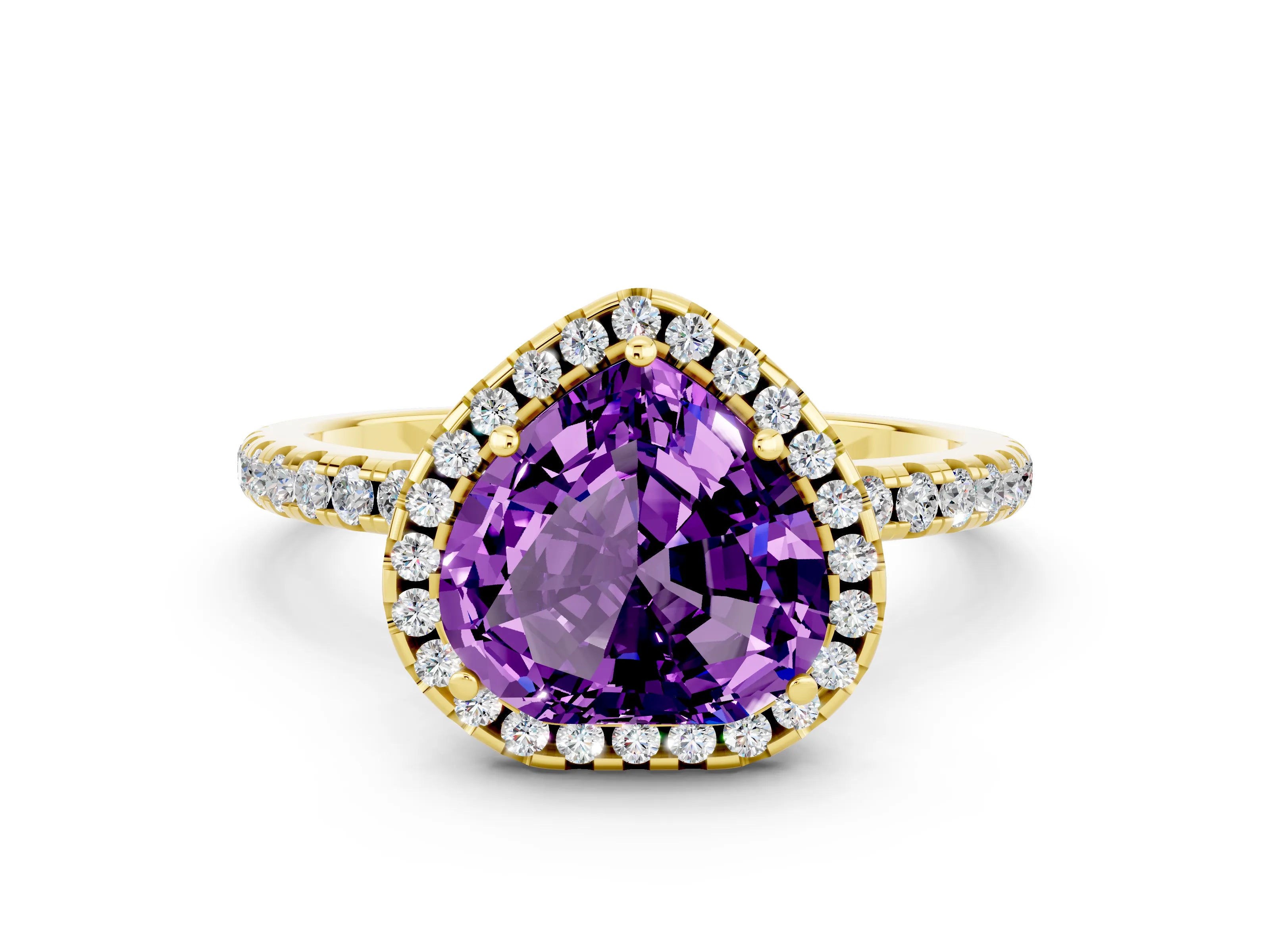 Yellow gold Heart Cut Halo Round Diamond Pavé Band Four-Prong Ring