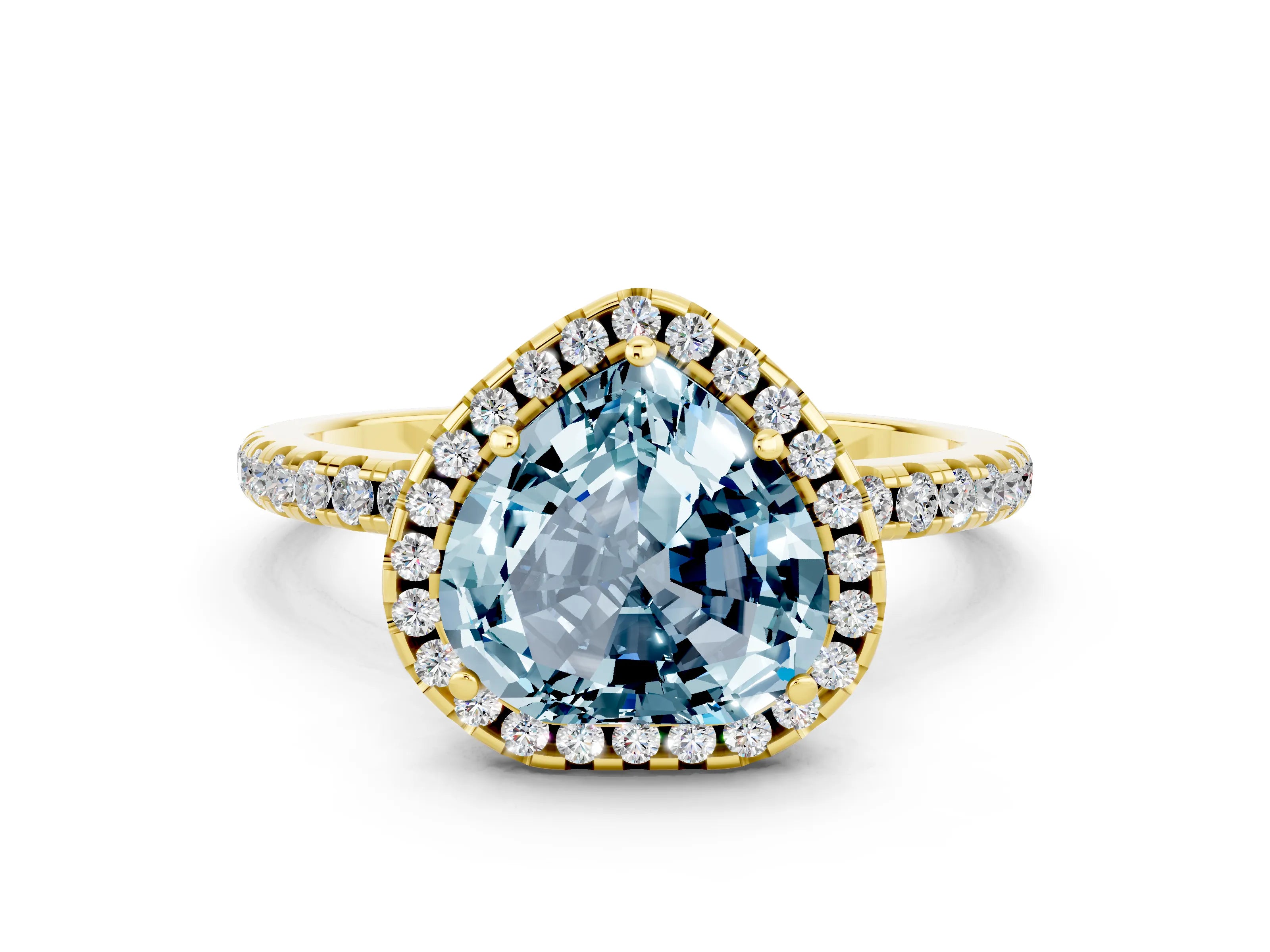 Yellow gold Heart Cut Halo Round Diamond Pavé Band Four-Prong Ring