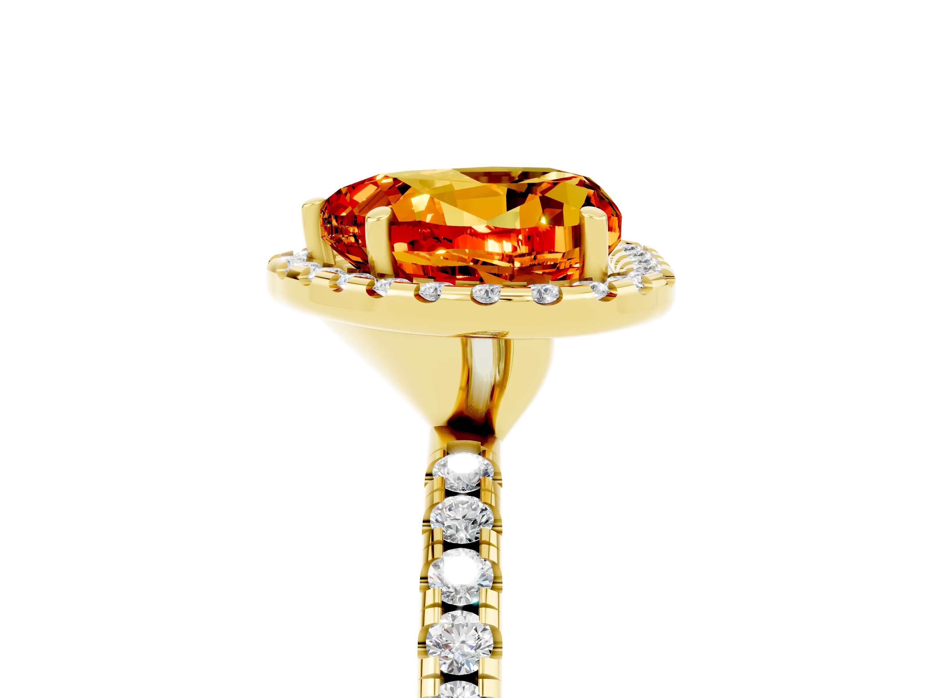Yellow gold Heart Cut Halo Round Diamond Pavé Band Four-Prong Ring_5