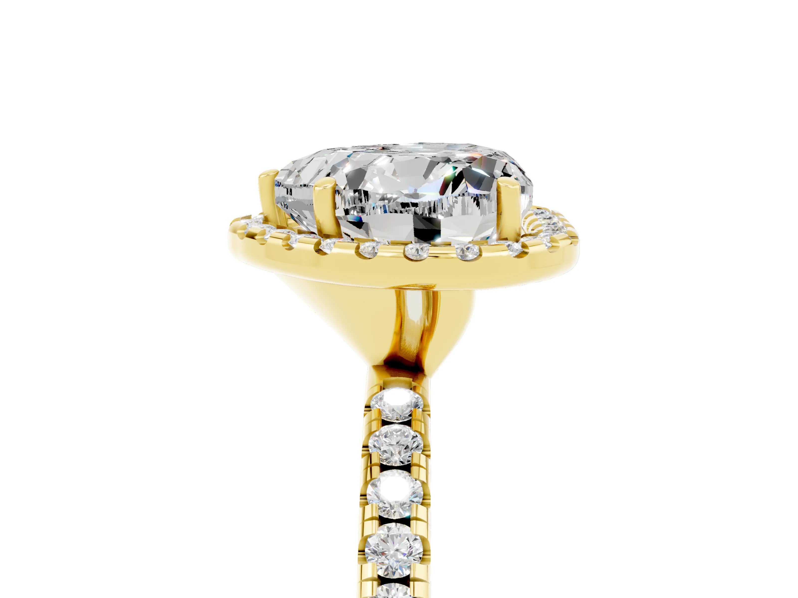Yellow gold Heart Cut Halo Round Diamond Pavé Band Four-Prong Ring_5