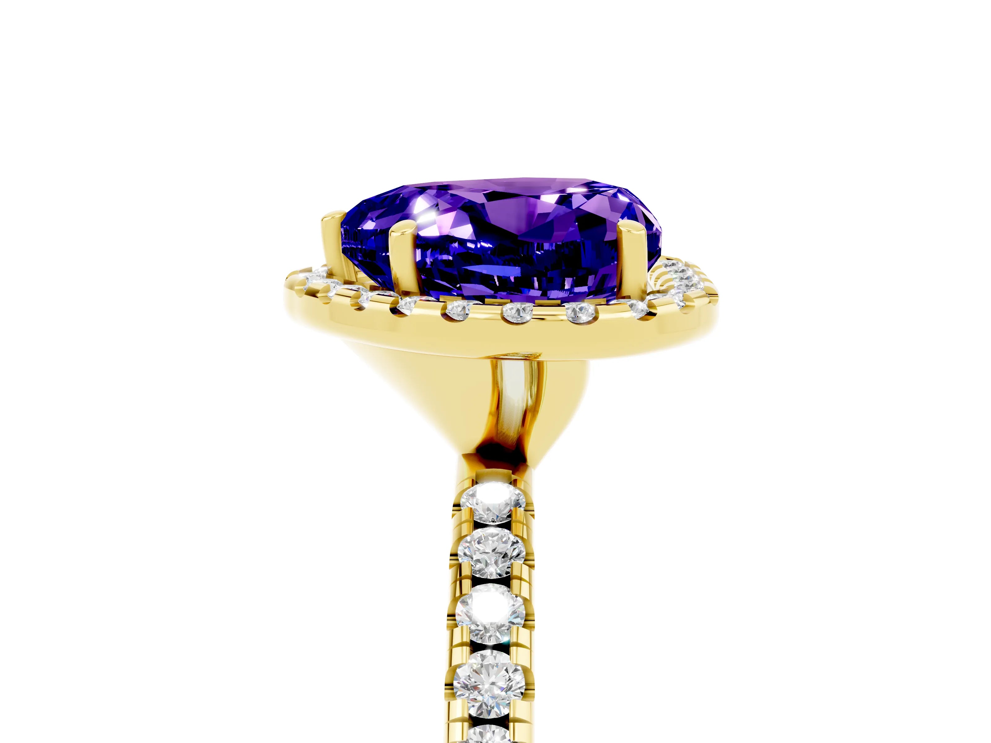 Yellow gold Heart Cut Halo Round Diamond Pavé Band Four-Prong Ring_5
