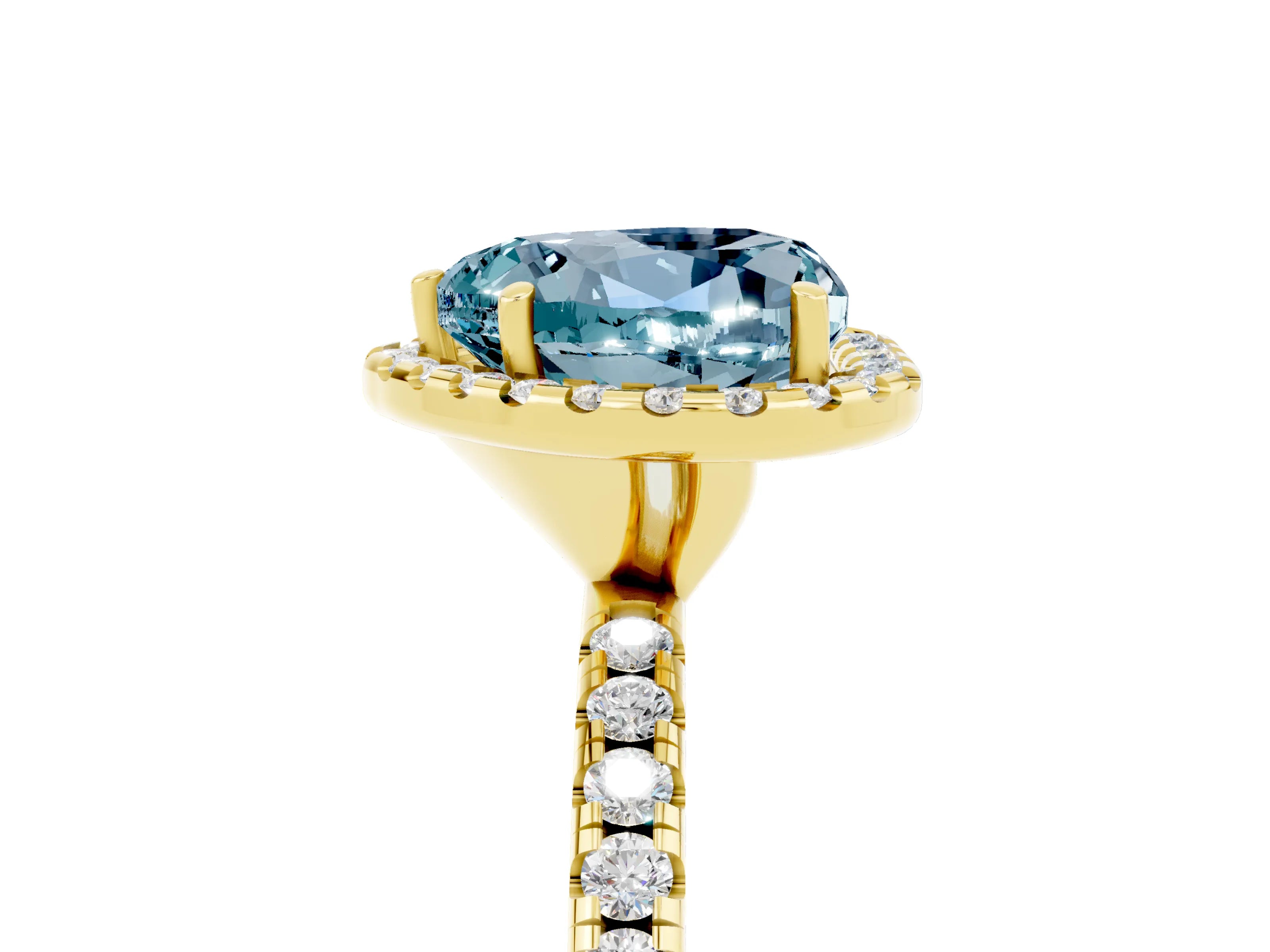Yellow gold Heart Cut Halo Round Diamond Pavé Band Four-Prong Ring_5