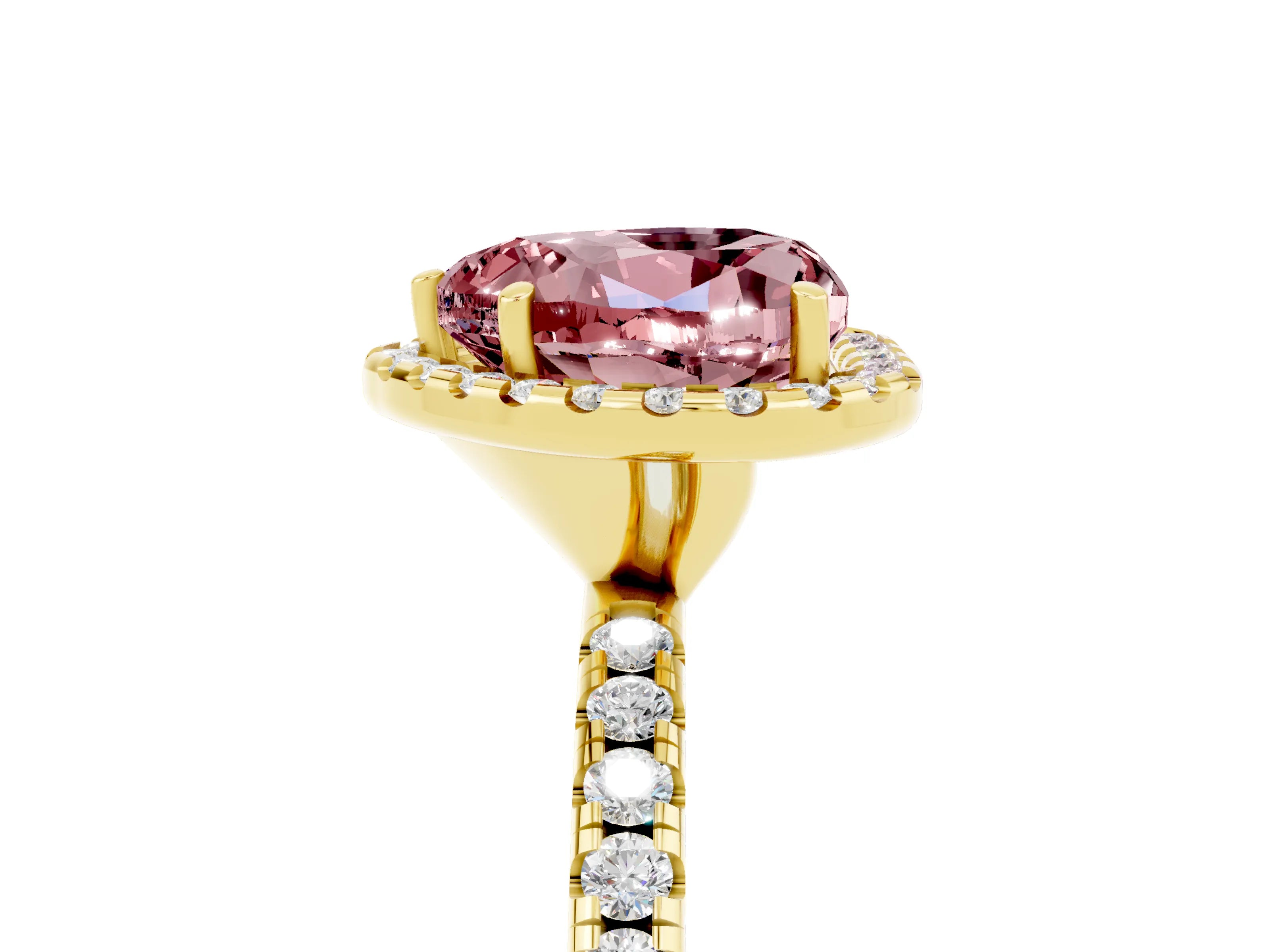 Yellow gold Heart Cut Halo Round Diamond Pavé Band Four-Prong Ring_5