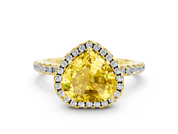 Yellow gold Heart Cut Yellow Sapphire Halo Ring with Round Pavé Band and Prong Setting