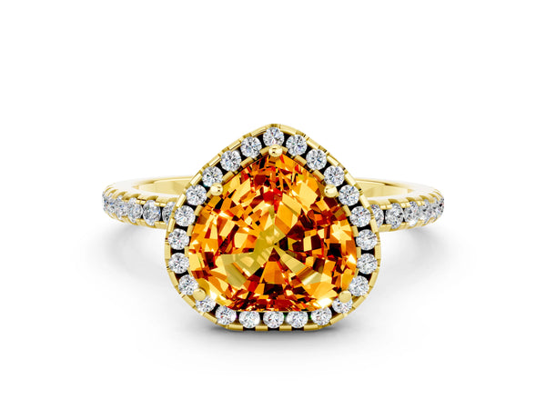 Yellow gold Heart Cut Citrine Halo Ring with Round Pavé Band and Prong Setting