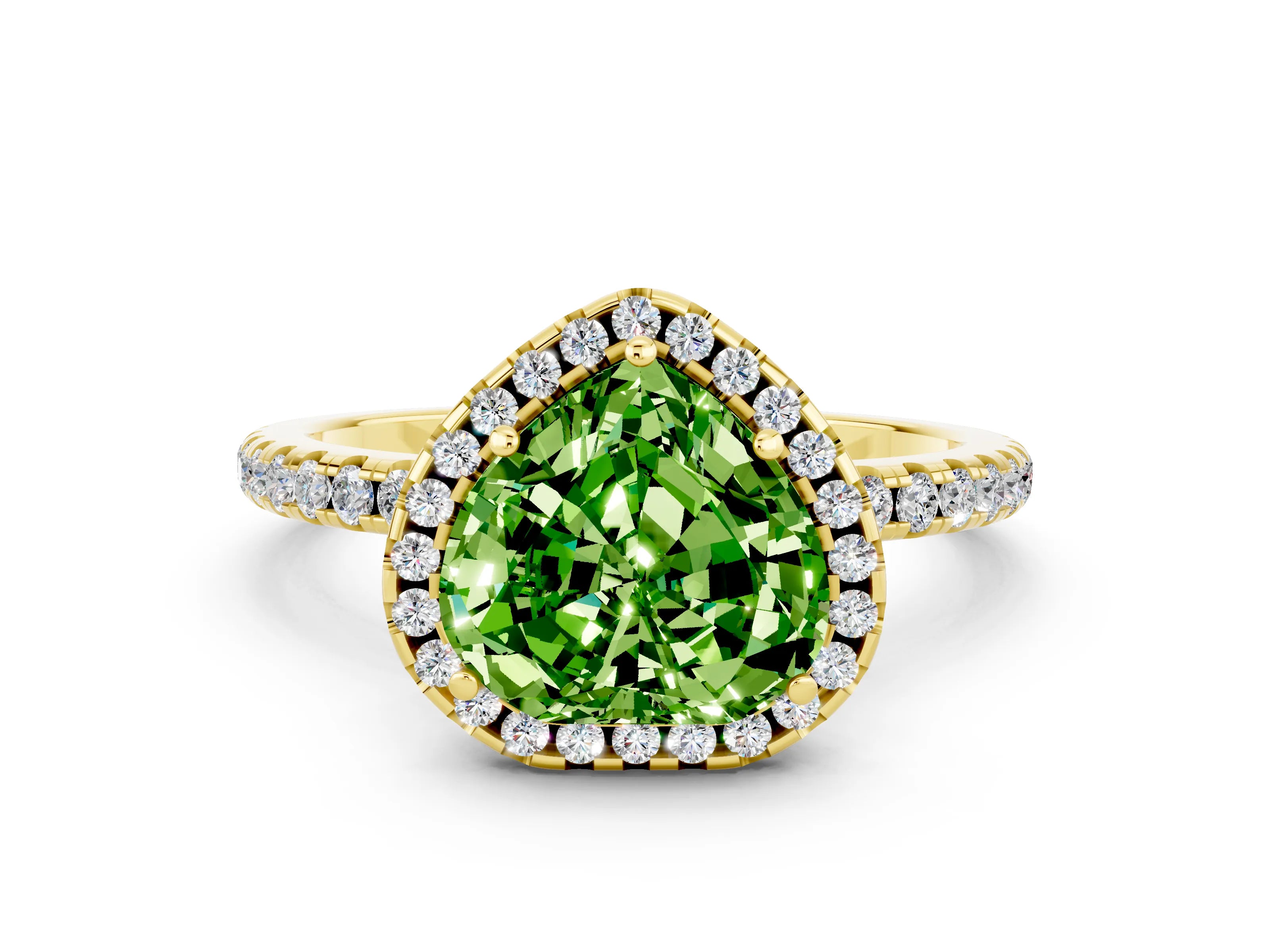 Yellow gold Heart Cut Halo Round Diamond Pavé Band Four-Prong Ring