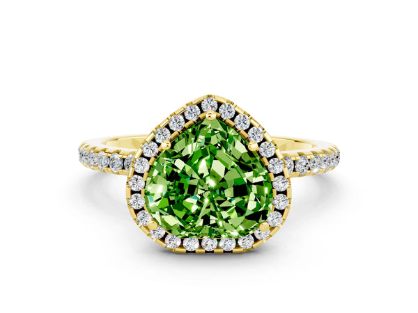 Yellow gold Heart Cut Halo Round Diamond Pavé Band Four-Prong Ring
