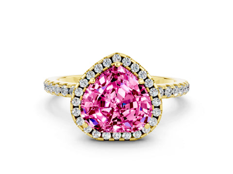 Yellow gold Heart Cut Halo Round Diamond Pavé Band Four-Prong Ring