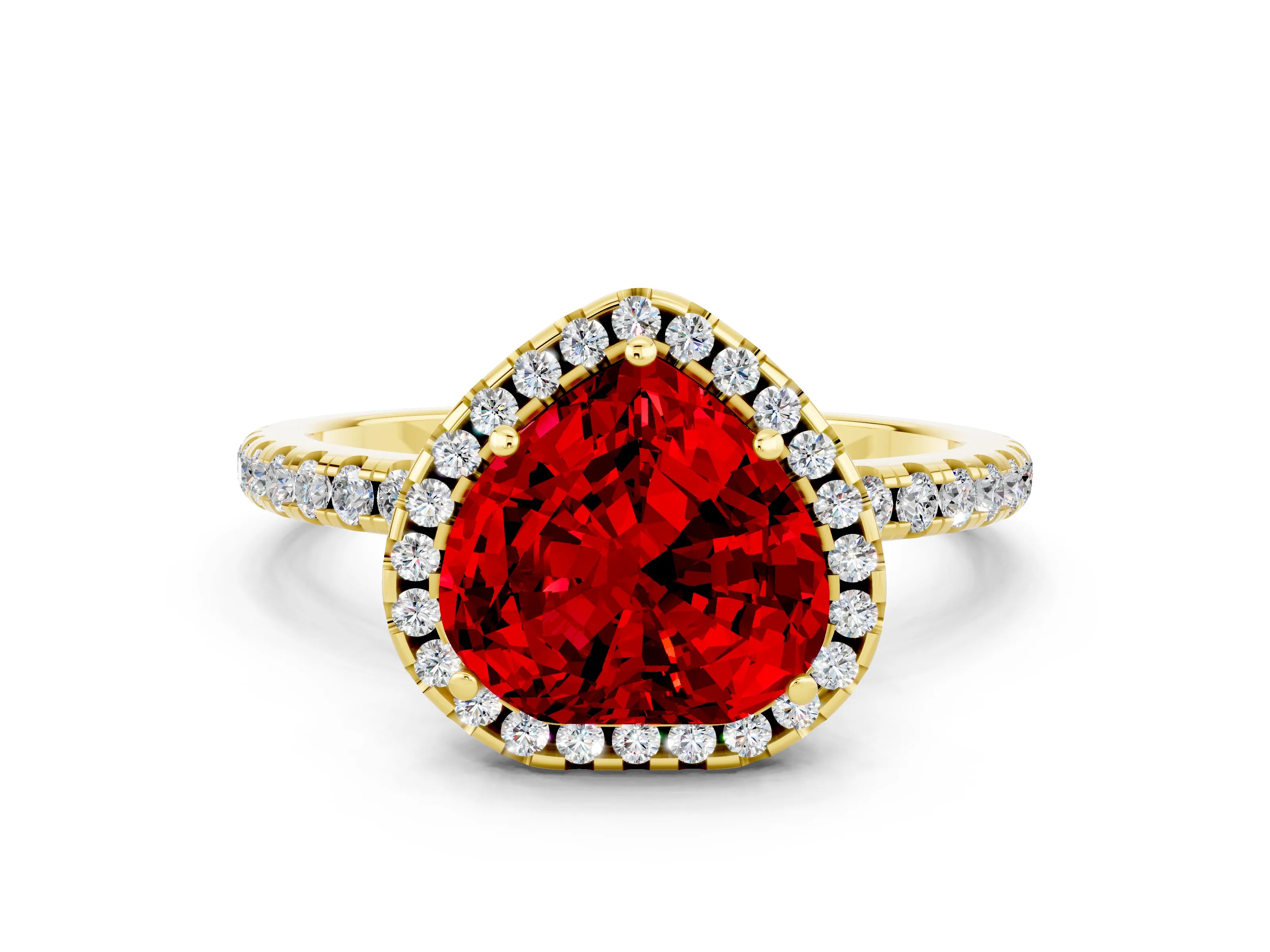 Yellow gold Heart Cut Halo Round Diamond Pavé Band Four-Prong Ring