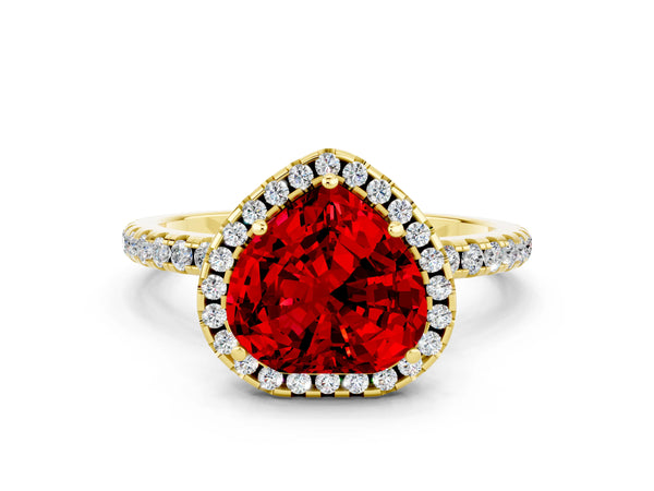 Yellow gold Heart Cut Halo Round Diamond Pavé Band Four-Prong Ring