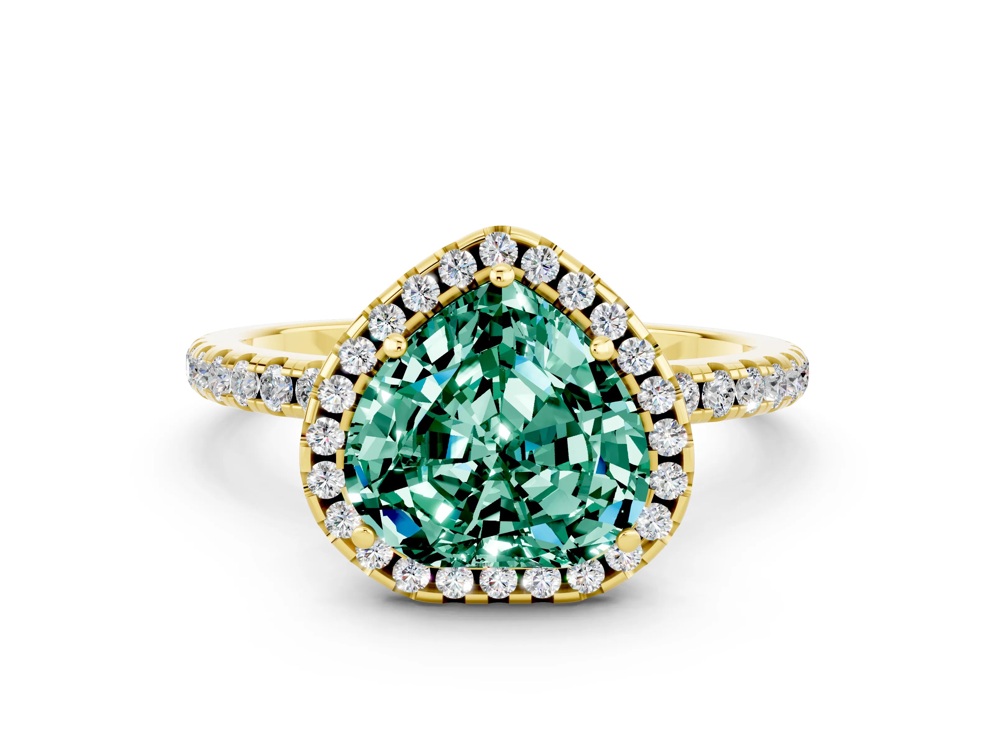 Yellow gold Heart Cut Halo Round Diamond Pavé Band Four-Prong Ring