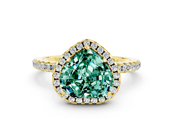 Yellow gold Heart Cut Green Sapphire Halo Ring with Round Pavé Band and Prong Setting
