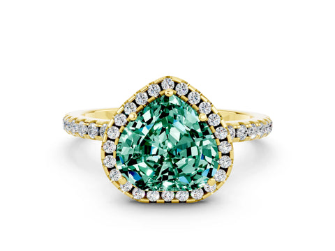 Yellow gold Heart Cut Halo Round Diamond Pavé Band Four-Prong Ring