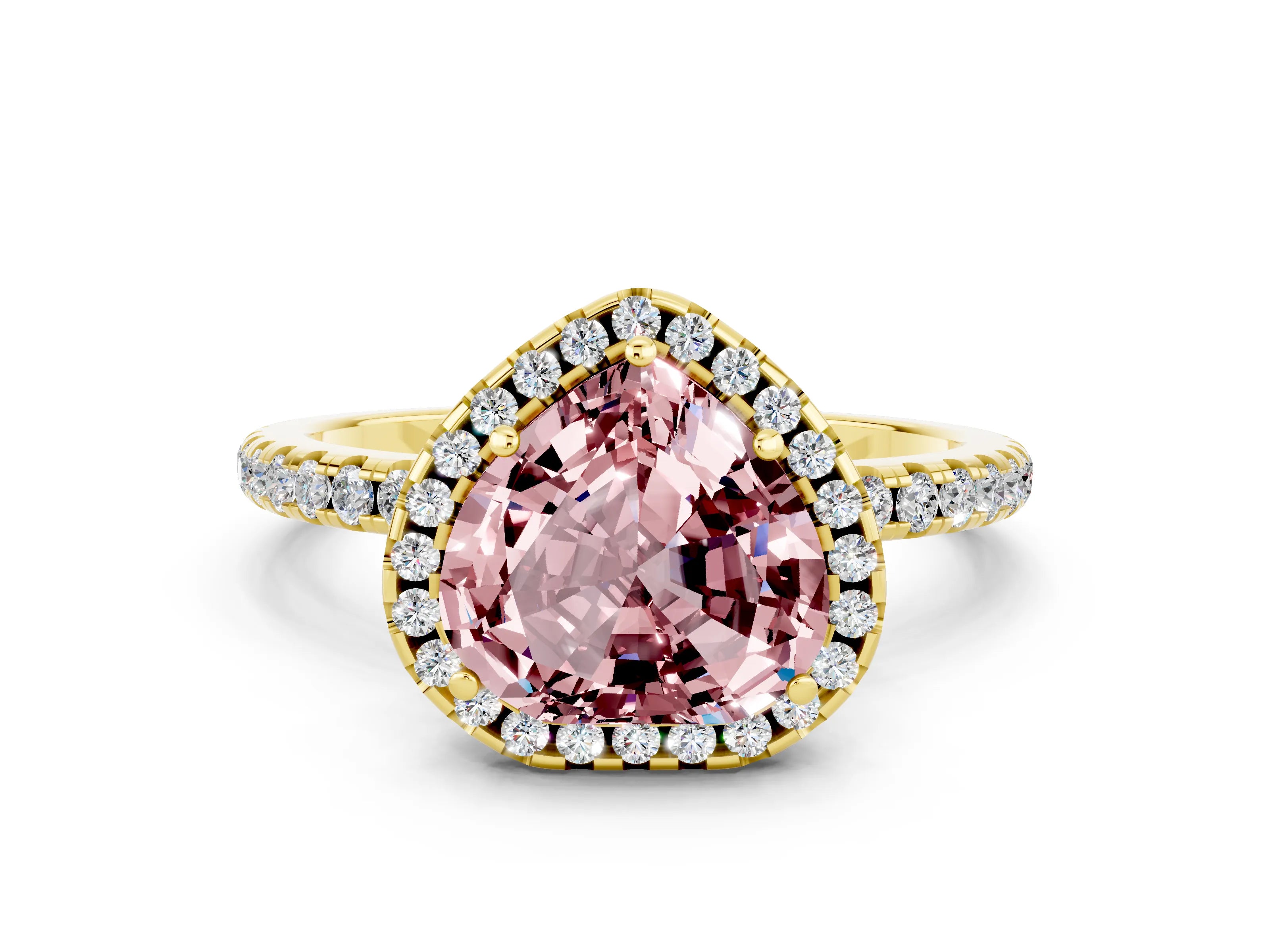 Yellow gold Heart Cut Halo Round Diamond Pavé Band Four-Prong Ring
