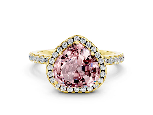 Yellow gold Heart Cut Halo Round Diamond Pavé Band Four-Prong Ring