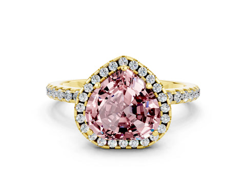 Yellow gold Heart Cut Halo Round Diamond Pavé Band Four-Prong Ring