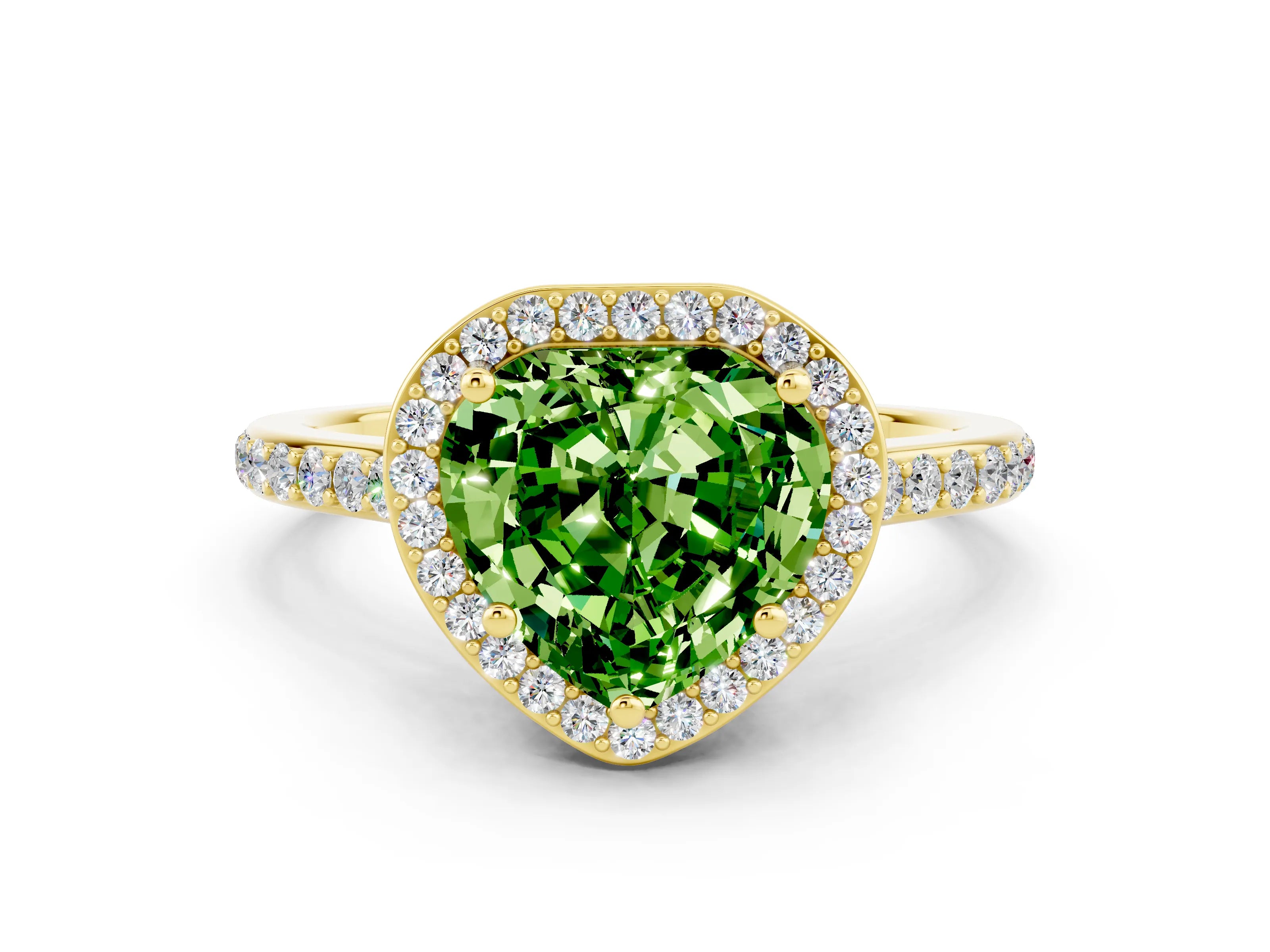 Yellow gold Heart Cut Halo Round Diamond Pavé Band with Four-Prong Setting