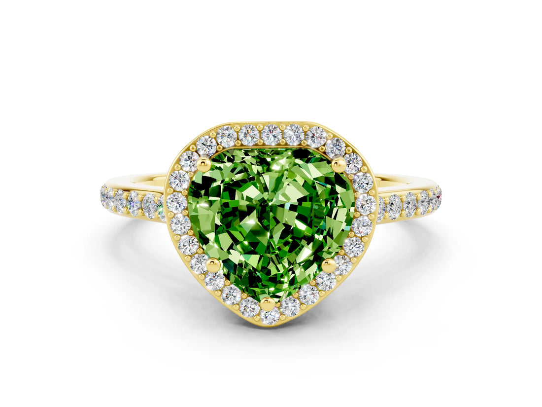 Yellow gold Heart Cut Halo Round Diamond Pavé Band with Four-Prong Setting