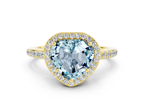 Yellow gold Heart Cut Halo Round Diamond Pavé Band with Four-Prong Setting