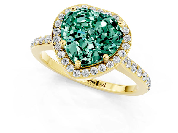 Yellow gold Heart Cut Green Sapphire Halo Engagement Ring with Round Pavé Shoulders and Prong Setting