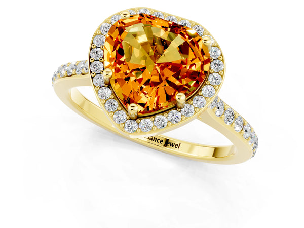 Yellow gold Heart Cut Citrine Halo Engagement Ring with Round Pavé Shoulders and Prong Setting