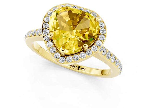 Yellow gold Heart Cut Yellow Sapphire Halo Engagement Ring with Round Pavé Shoulders and Prong Setting