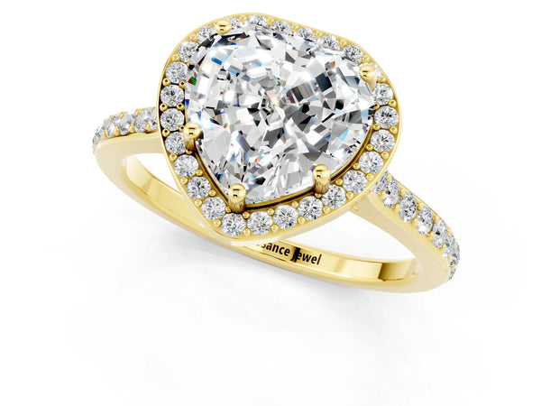 Yellow gold Heart Cut Moissanite Halo Engagement Ring with Round Pavé Shoulders and Prong Setting