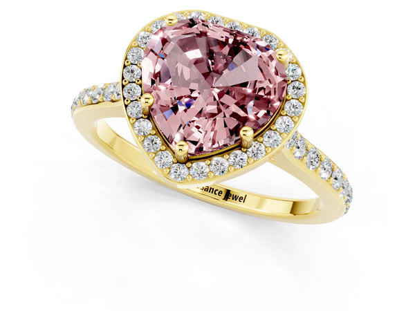 Yellow gold Heart Cut Halo Round Diamond Pavé Band with Four-Prong Setting