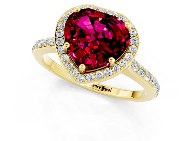 Yellow gold Heart Cut Garnet Halo Engagement Ring with Round Pavé Shoulders and Prong Setting