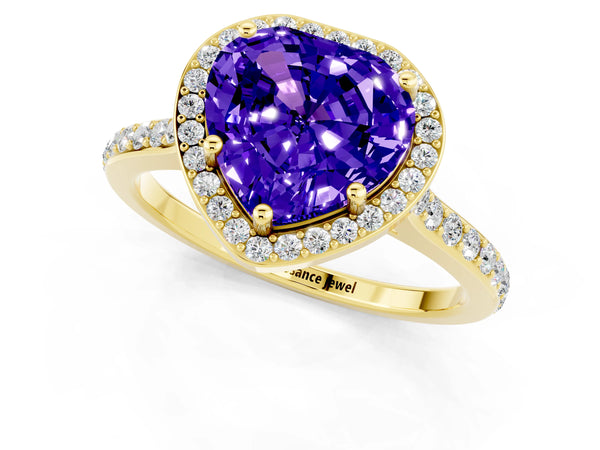 Yellow gold Heart Cut Tanzanite Halo Engagement Ring with Round Pavé Shoulders and Prong Setting