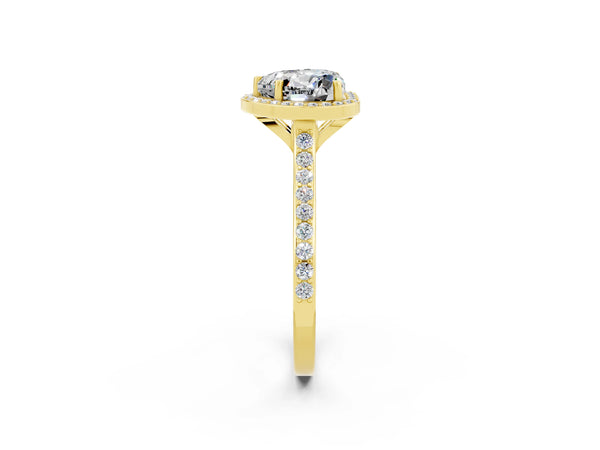 Yellow gold Heart Cut Moissanite Halo Engagement Ring with Round Pavé Shoulders and Prong Setting