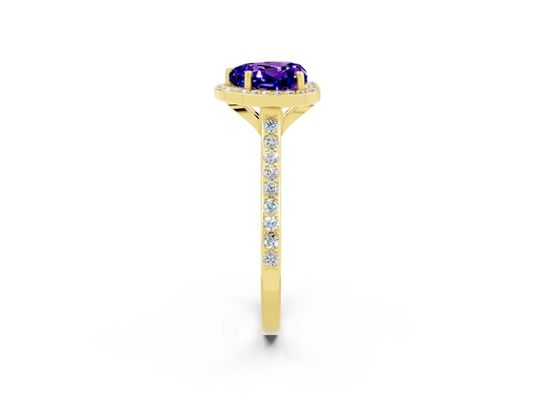 Yellow gold Heart Cut Tanzanite Halo Engagement Ring with Round Pavé Shoulders and Prong Setting
