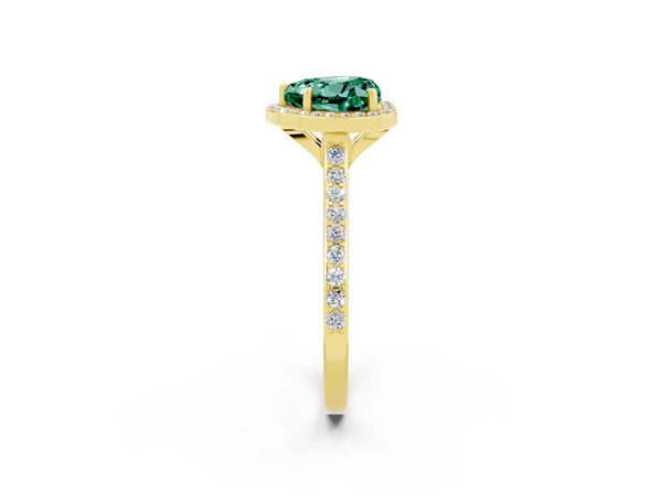 Yellow gold Heart Cut Green Sapphire Halo Engagement Ring with Round Pavé Shoulders and Prong Setting