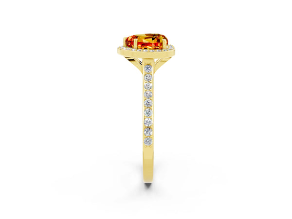 Yellow gold Heart Cut Citrine Halo Engagement Ring with Round Pavé Shoulders and Prong Setting