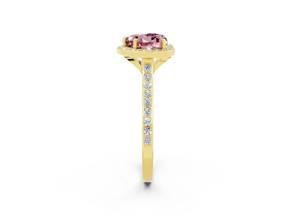 Yellow gold Heart Cut Halo Round Diamond Pavé Band with Four-Prong Setting
