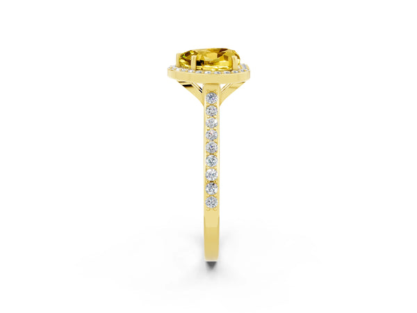 Yellow gold Heart Cut Yellow Sapphire Halo Engagement Ring with Round Pavé Shoulders and Prong Setting